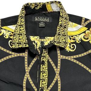 Enrico Rossini Abstract Short Sleeve Button Down Rare‎ Graphic Black Gold Lion